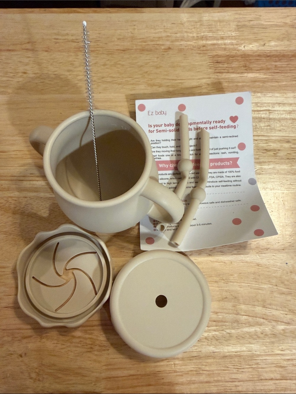 Cream Silicone Training Cup with Lid, Handles and Straw Brush
